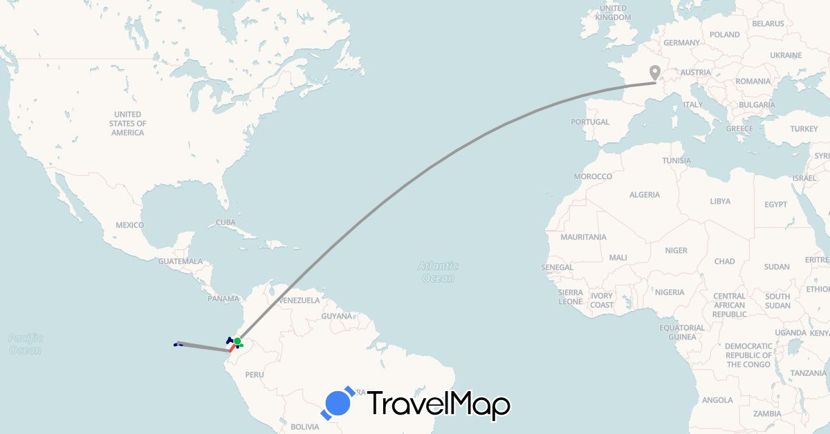 TravelMap itinerary: driving, bus, plane, hiking, boat in Ecuador, France (Europe, South America)